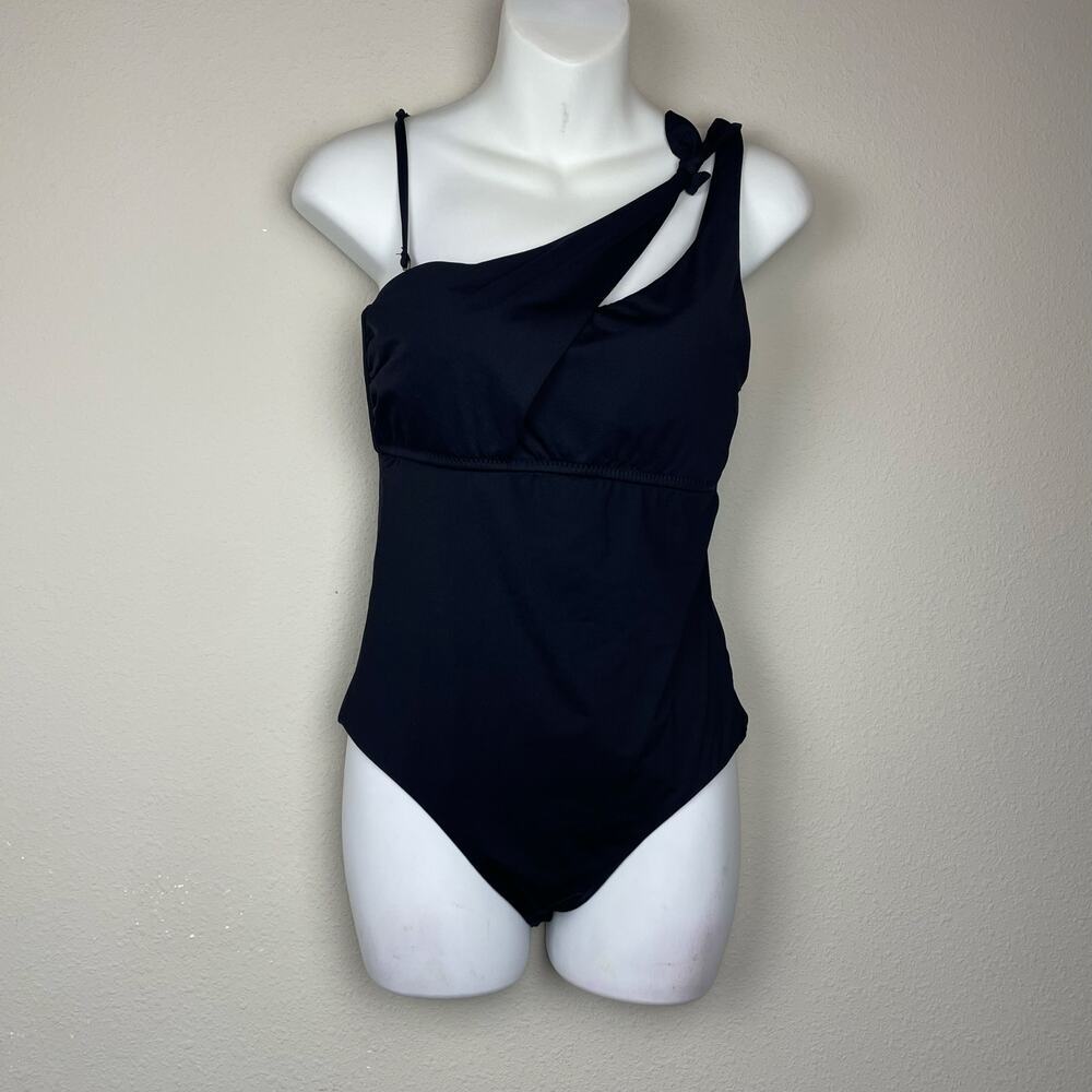 BECCA Black Asymmetrical Neckline One-Piece Swimsuit Sz M Open Tie Back Beach
